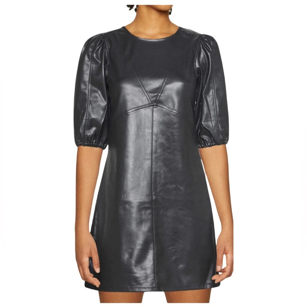 H&M Black Faux Leather Puff Sleeve Shift Dress Women’s Size Small